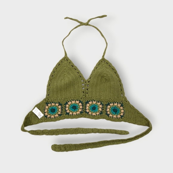 Vtg Crochet Crop Top Womens Bralette Adjustable Hippie Festival Boho Green Flora - Picture 3 of 10